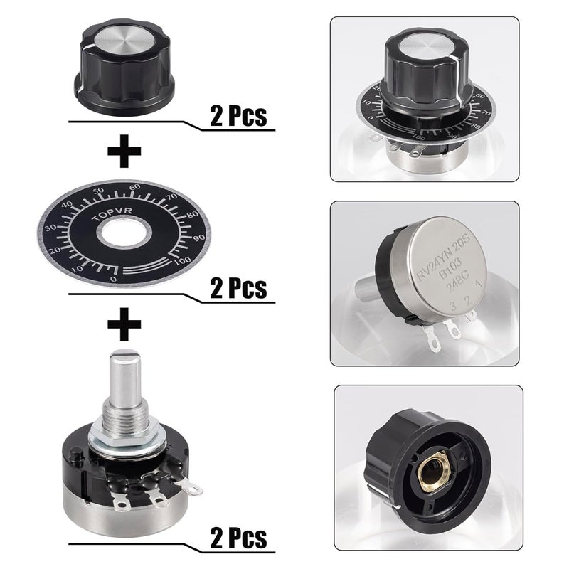 Fielect 2Pcs RV24YN20S 10K Potentiometer 10000 Ohm Single Turn Carbon Film Rotary Taper Potentiometer for Inverter Speed Regulation wtih 2pcs A03 Knob and 2pcs Dials - Image 3